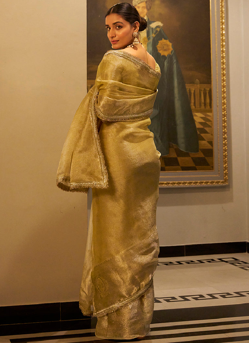Fascinating Zari Weaving Tissue Silk Golden Casual Saree With Blouse
