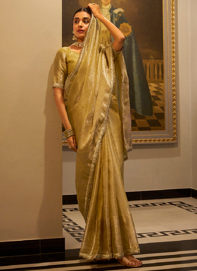 Fascinating Zari Weaving Tissue Silk Golden Casual Saree With Blouse