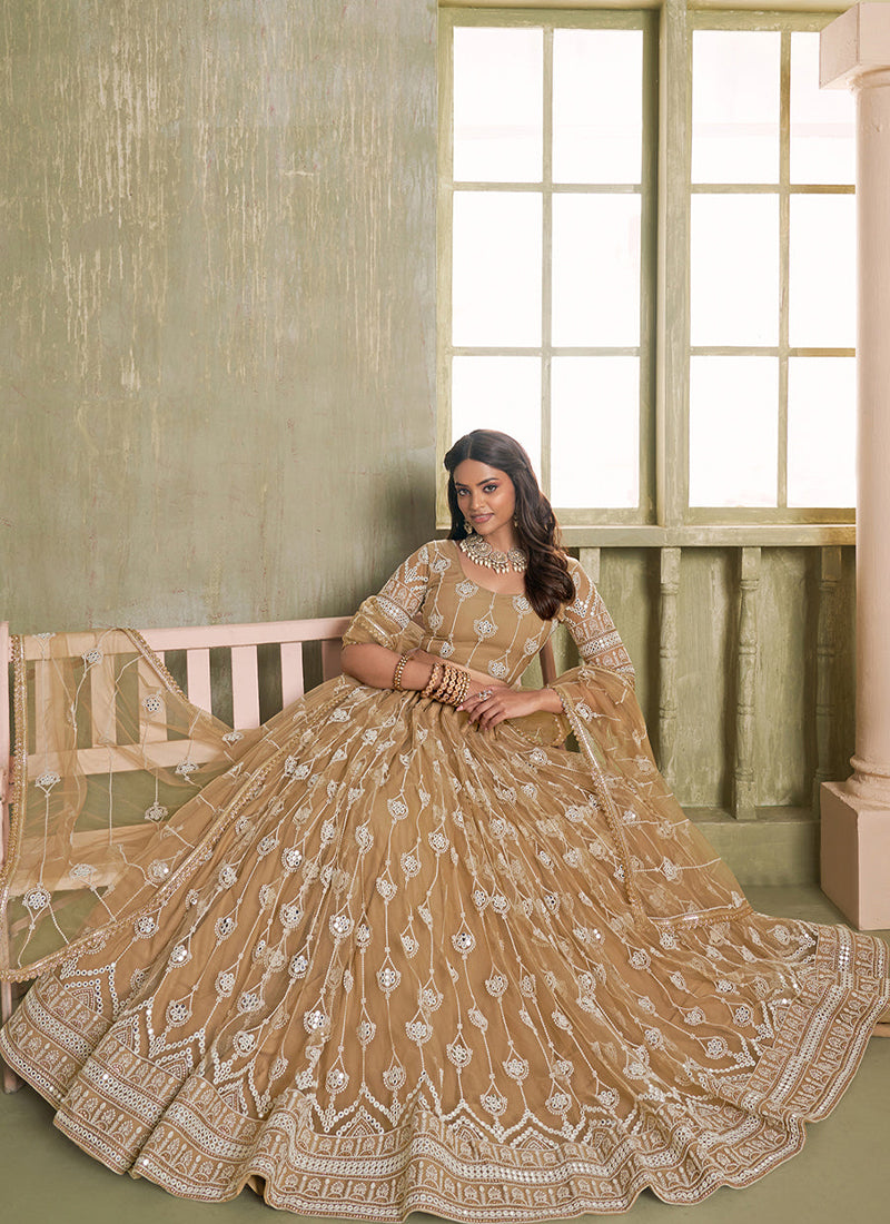 Fascinating Beige Net Thread Embroidered Lehenga Choli With Dupatta