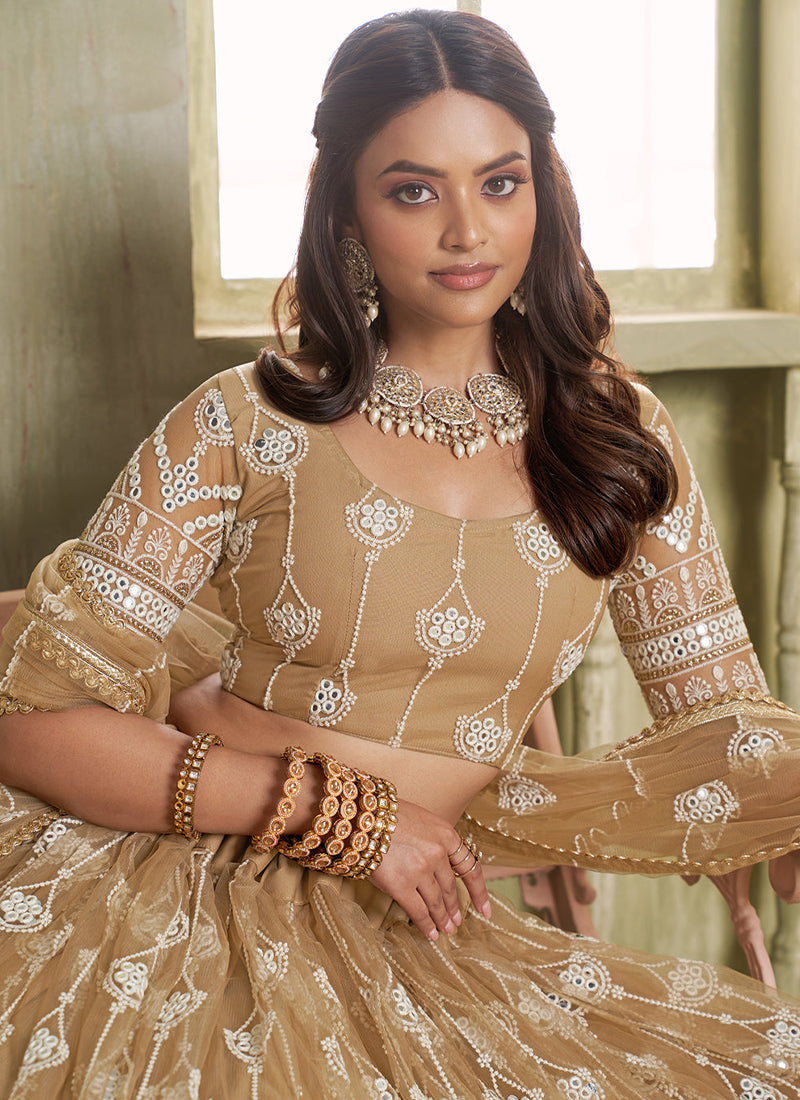 Fascinating Beige Net Thread Embroidered Lehenga Choli With Dupatta