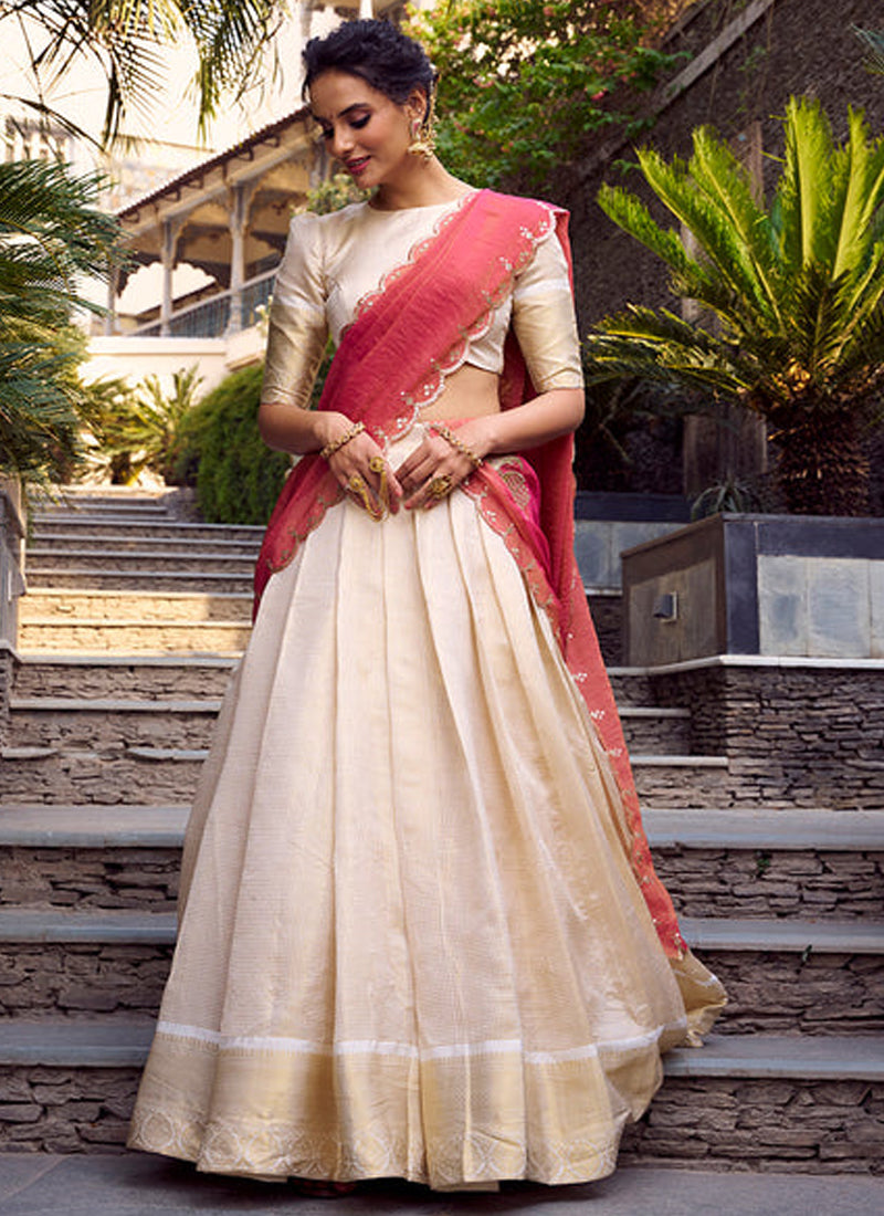 Fascinating Off White Jacquard Chex Zari Weaving Work Lehenga Choli