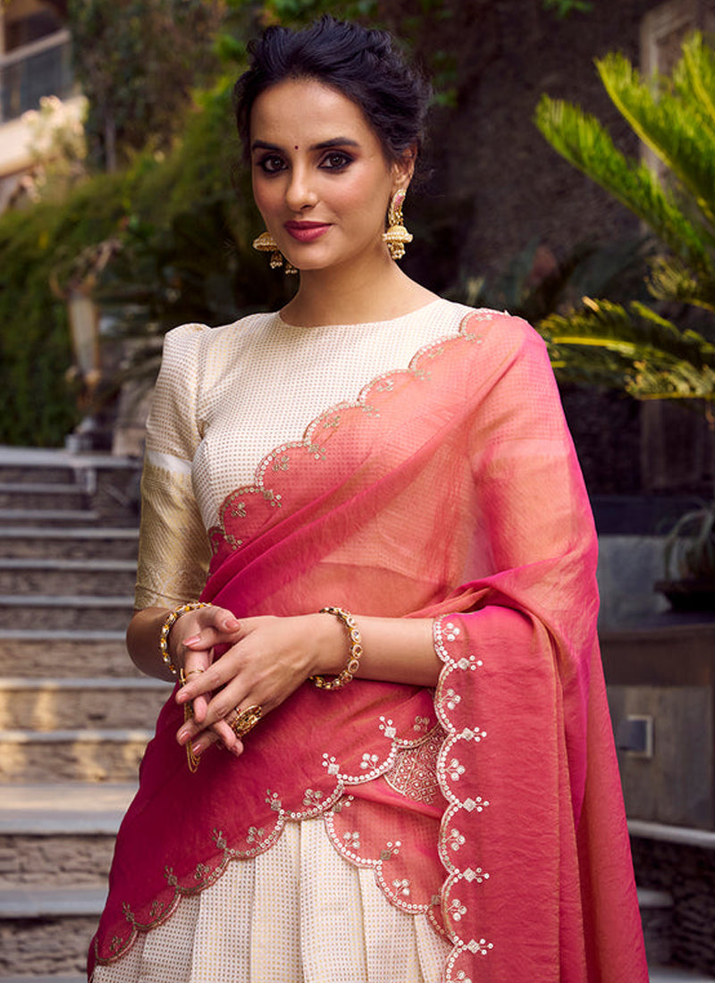 Fascinating Off White Jacquard Chex Zari Weaving Work Lehenga Choli