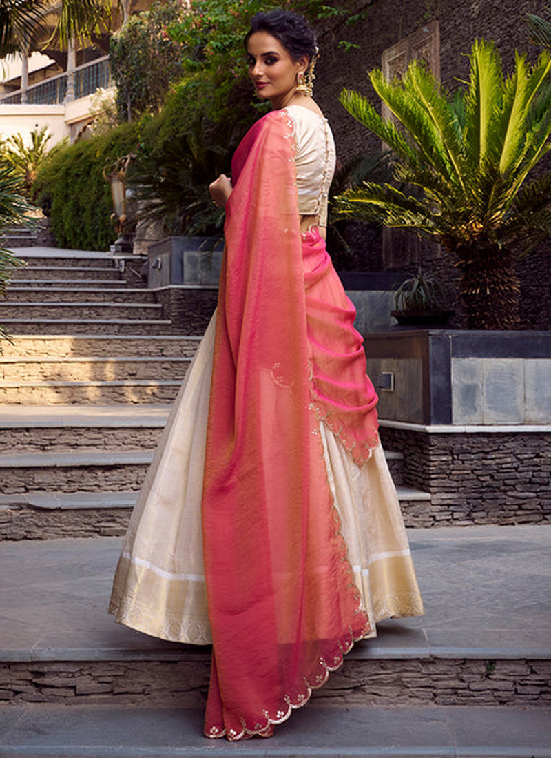 Fascinating Off White Jacquard Chex Zari Weaving Work Lehenga Choli