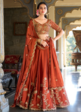 Fascinating Orange Thread Embroidered Silk Lehenga Choli For Wedding