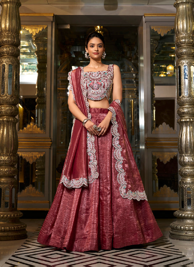 Fascinating Thread Embroidered Choli With Silk Maroon Plain Lehenga