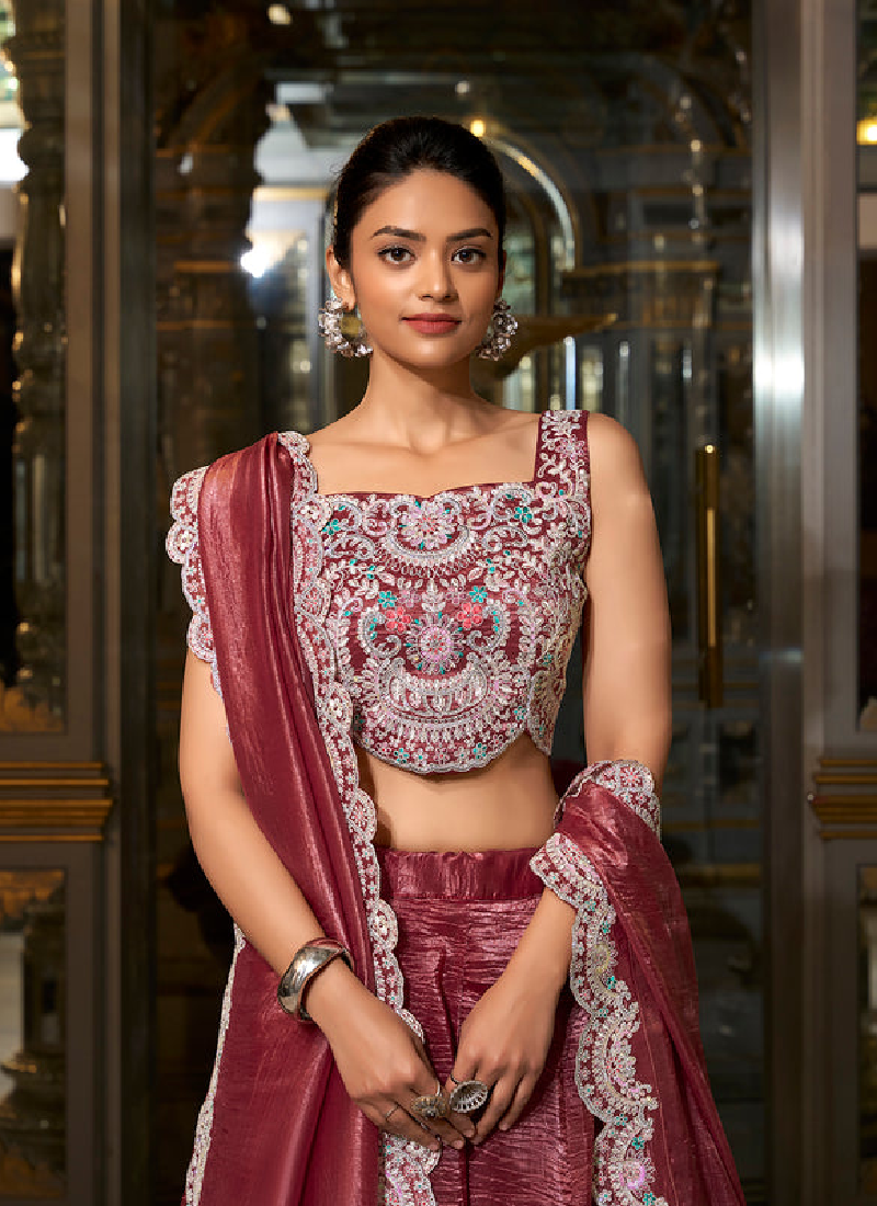 Fascinating Thread Embroidered Choli With Silk Maroon Plain Lehenga