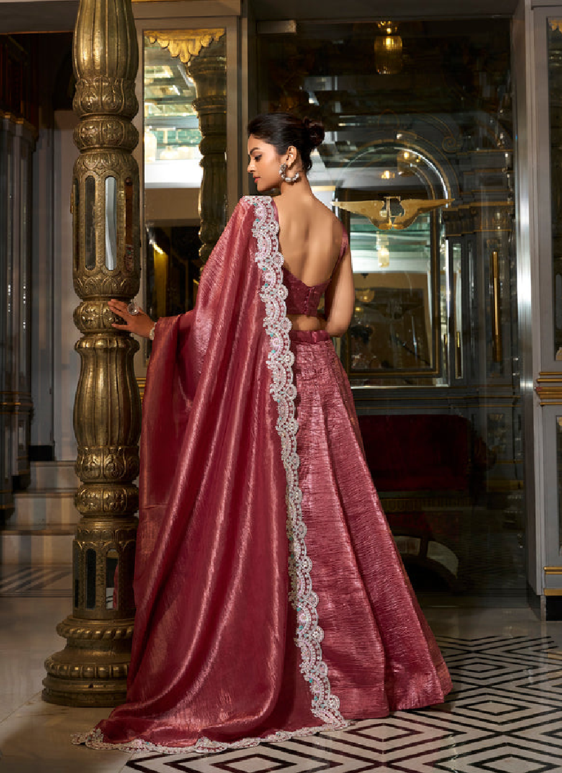 Fascinating Thread Embroidered Choli With Silk Maroon Plain Lehenga
