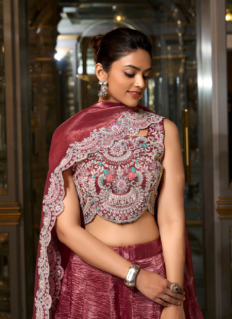 Fascinating Thread Embroidered Choli With Silk Maroon Plain Lehenga