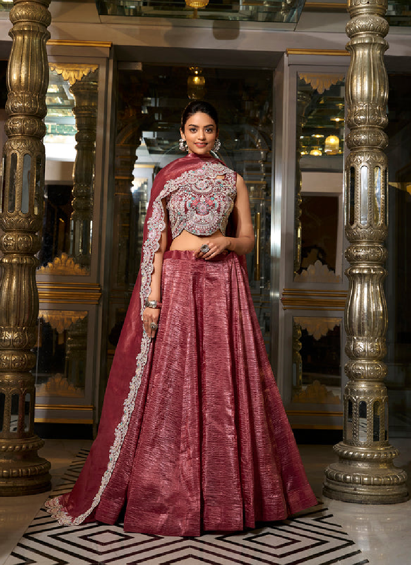 Fascinating Thread Embroidered Choli With Silk Maroon Plain Lehenga