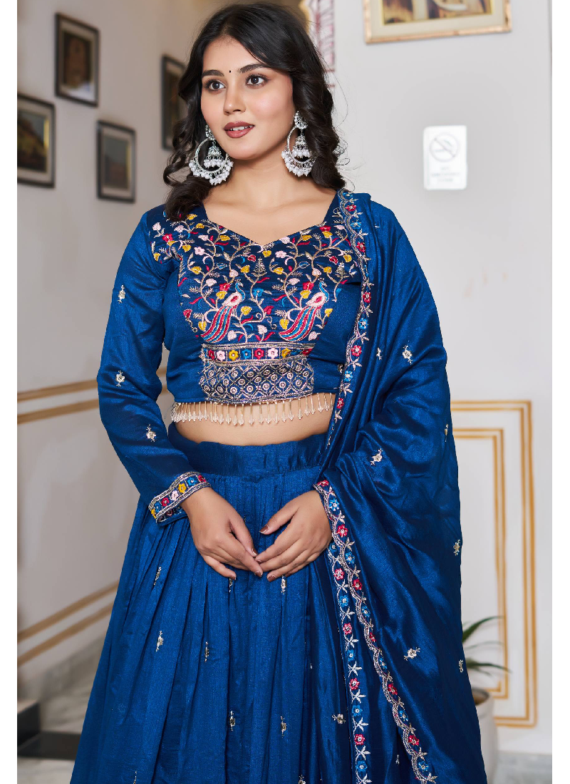 Fascinating Vichitra Silk Blue Bids Hand Work Heavy Lehenga Choli