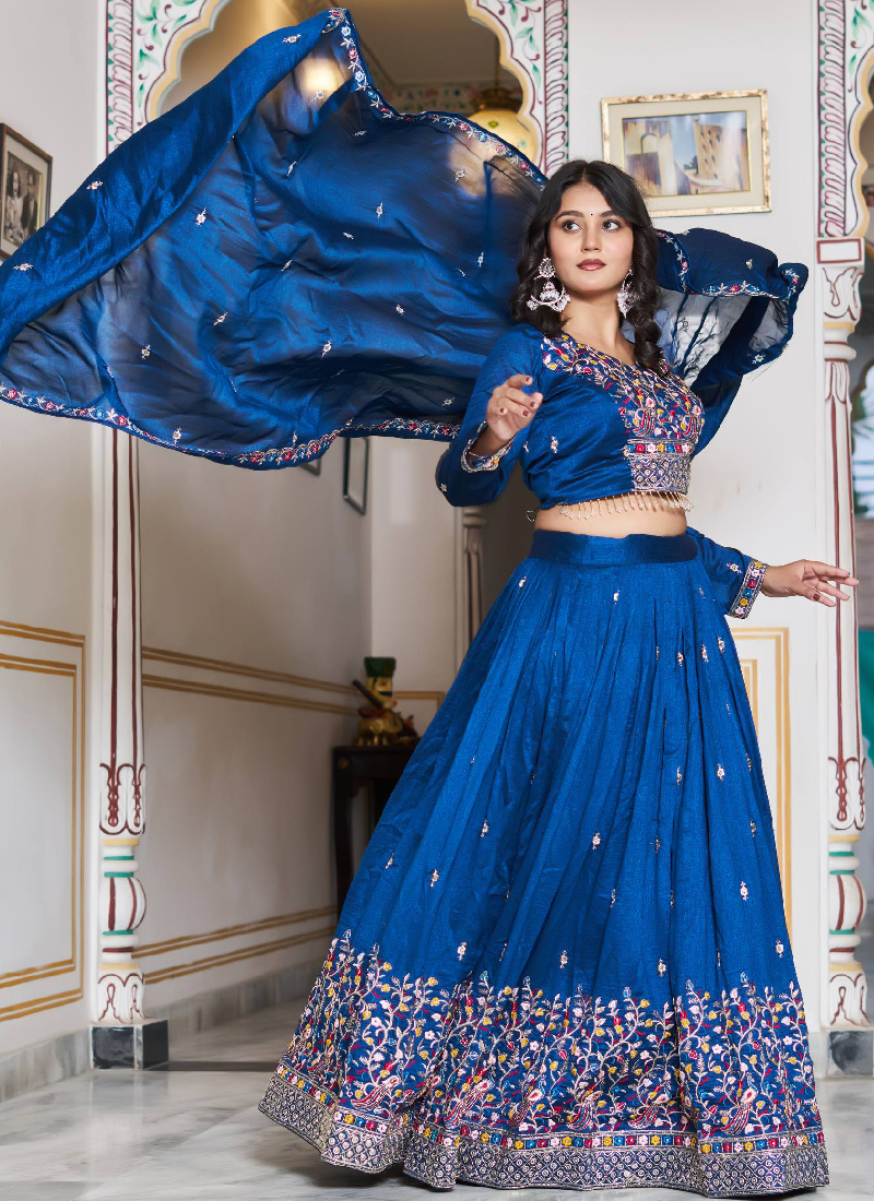 Fascinating Vichitra Silk Blue Bids Hand Work Heavy Lehenga Choli