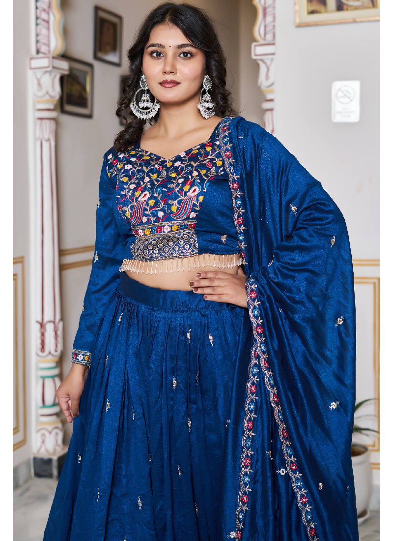 Fascinating Vichitra Silk Blue Bids Hand Work Heavy Lehenga Choli