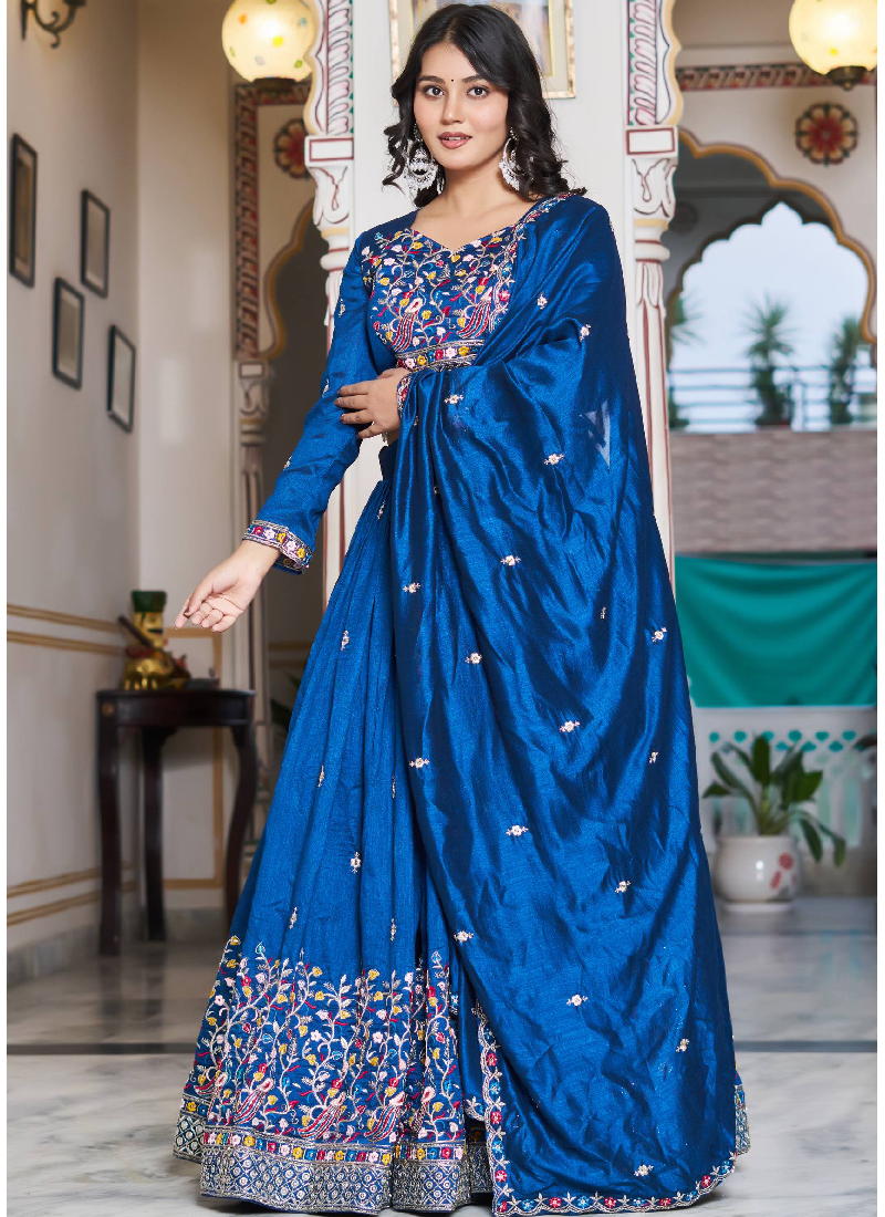Fascinating Vichitra Silk Blue Bids Hand Work Heavy Lehenga Choli