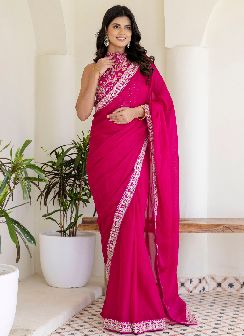 Fashionable Sequins Embroidered Rangoli Silk Party Wear Rani Pink Saree