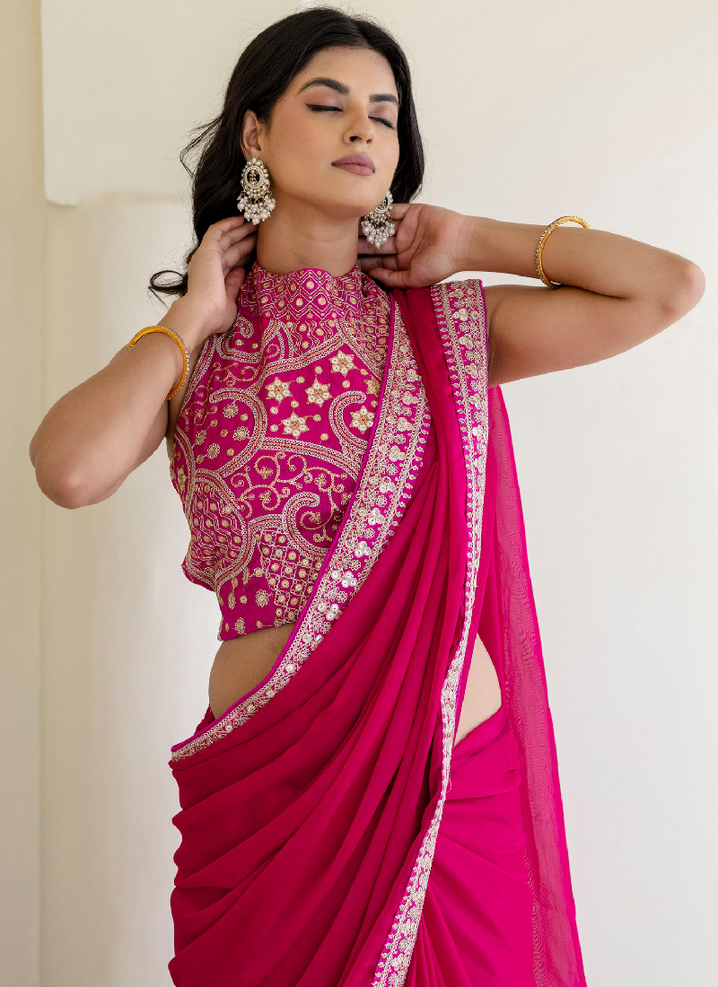 Fashionable Sequins Embroidered Rangoli Silk Party Wear Rani Pink Saree