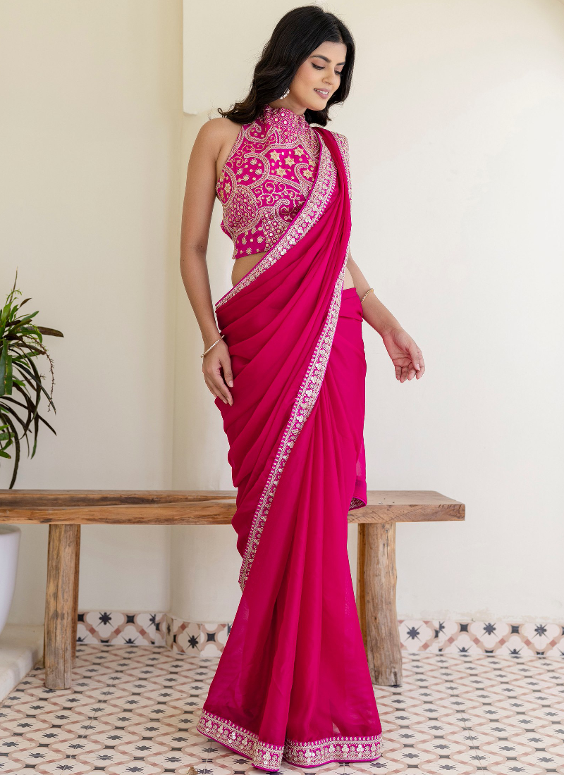 Fashionable Sequins Embroidered Rangoli Silk Party Wear Rani Pink Saree