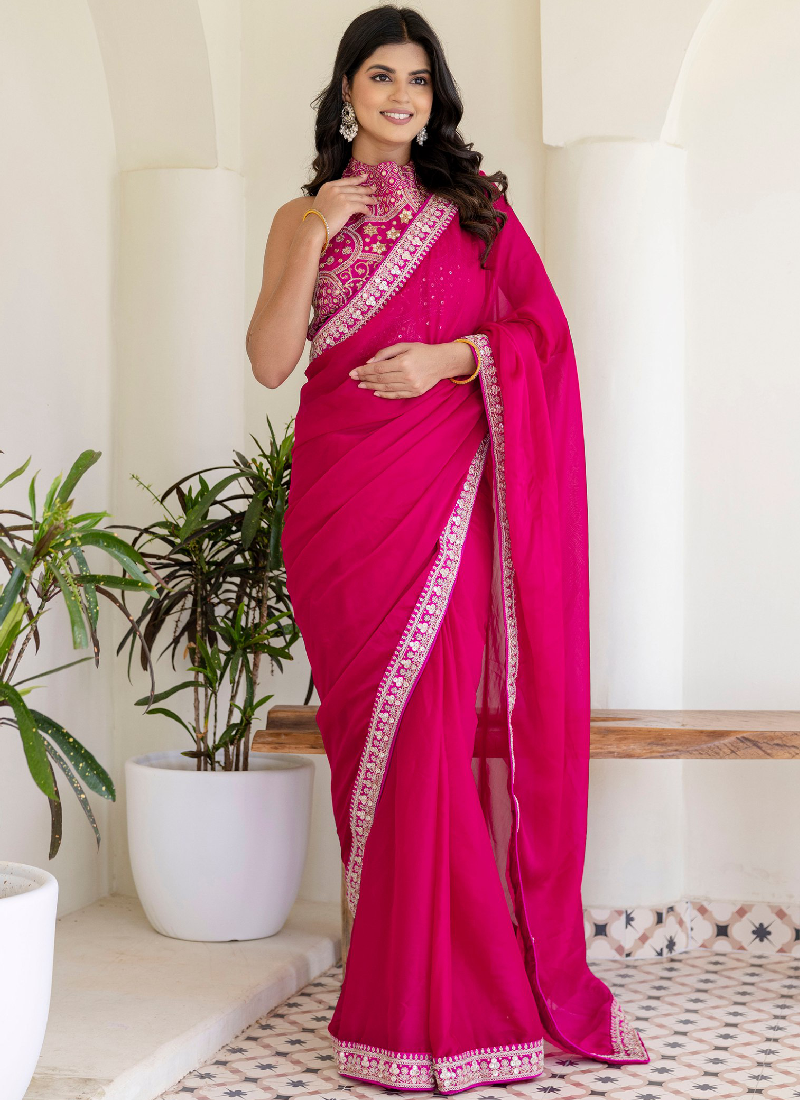 Fashionable Sequins Embroidered Rangoli Silk Party Wear Rani Pink Saree
