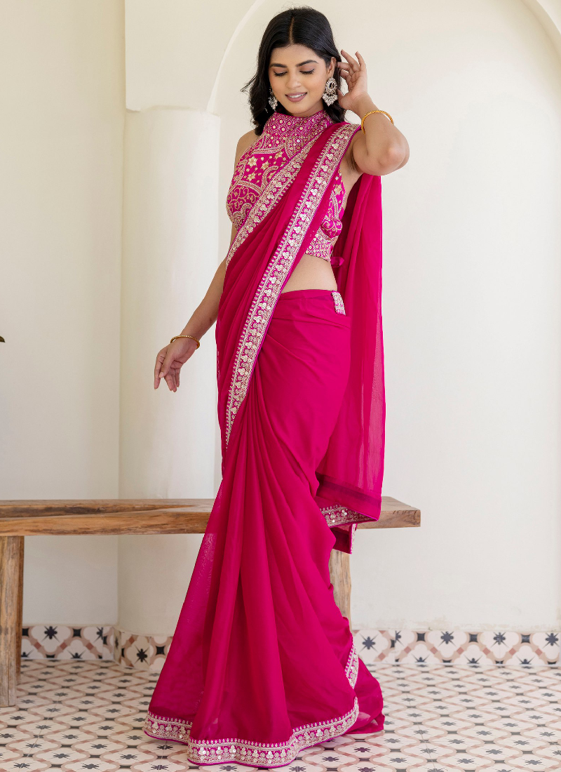 Fashionable Sequins Embroidered Rangoli Silk Party Wear Rani Pink Saree