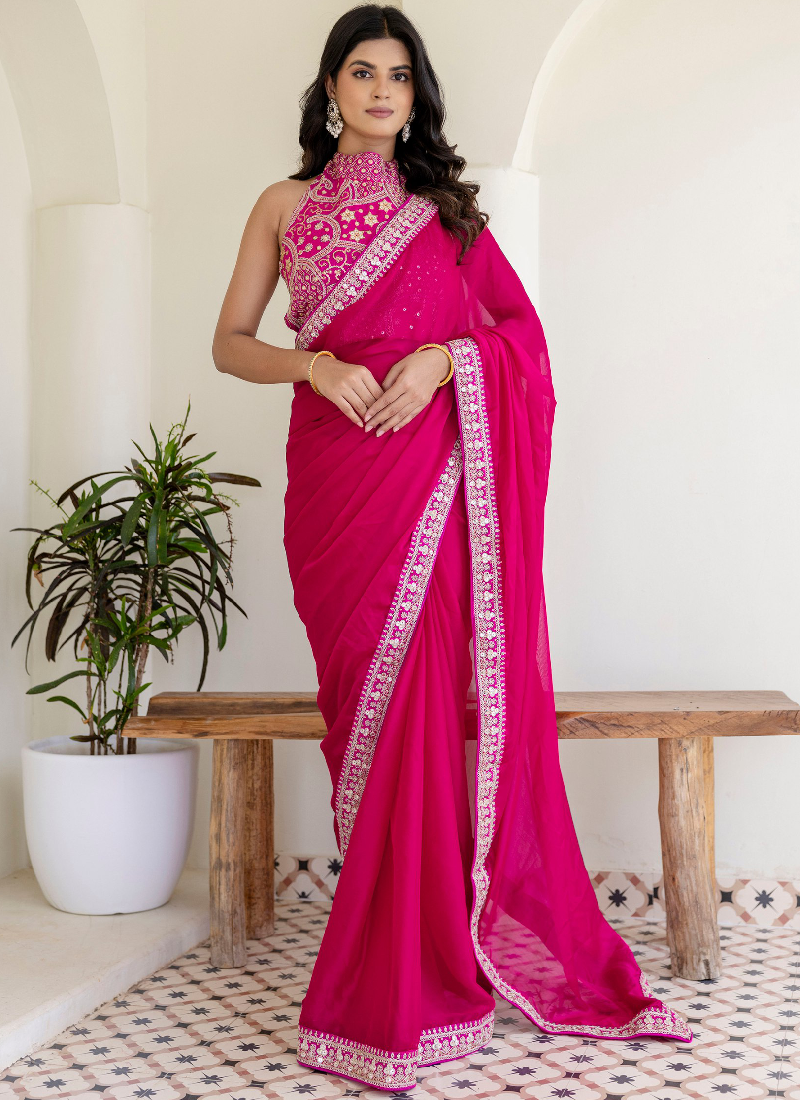 Fashionable Sequins Embroidered Rangoli Silk Party Wear Rani Pink Saree