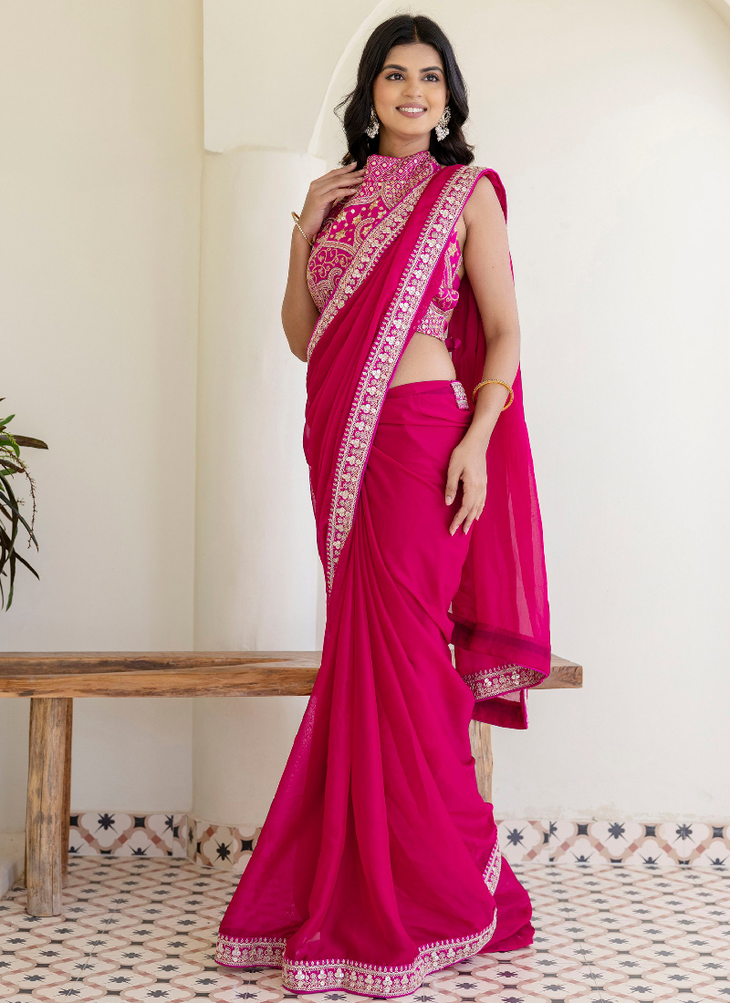 Fashionable Sequins Embroidered Rangoli Silk Party Wear Rani Pink Saree