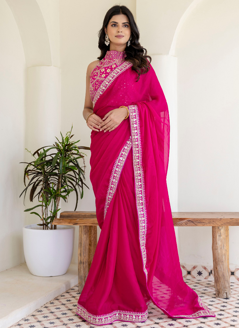 Fashionable Sequins Embroidered Rangoli Silk Party Wear Rani Pink Saree