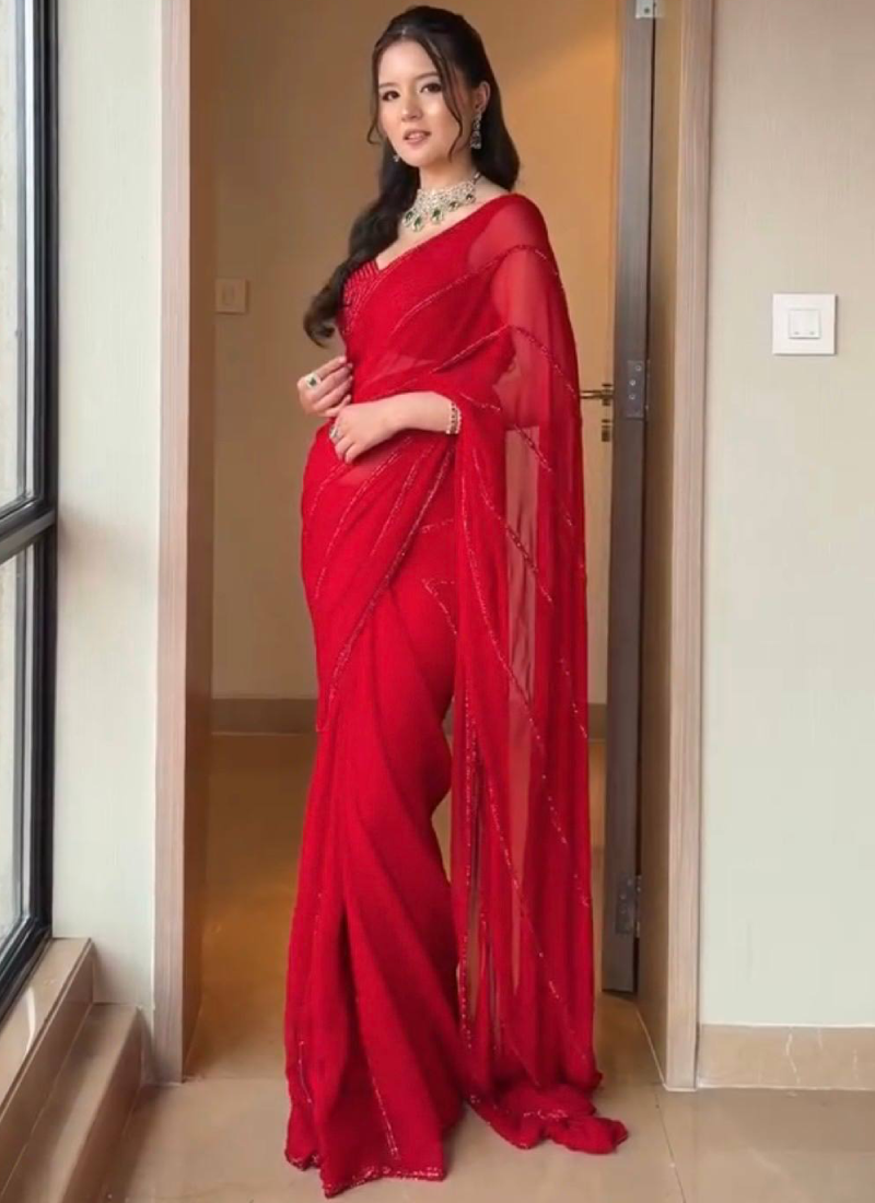 Faux Georgette Red Sequence With Dori Work Party Wear Saree