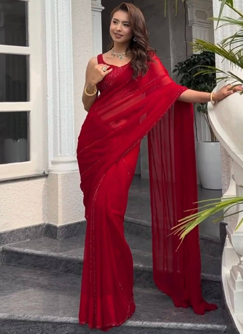 Faux Georgette Red Sequence With Dori Work Party Wear Saree