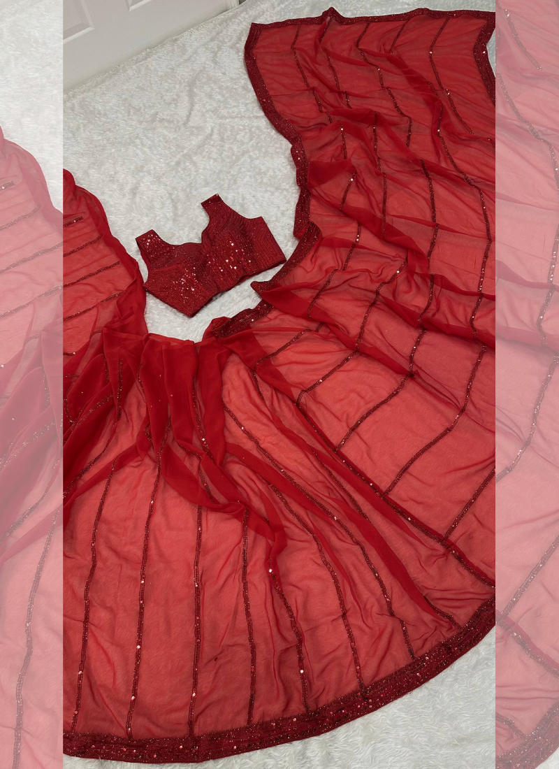 Faux Georgette Red Sequence With Dori Work Party Wear Saree