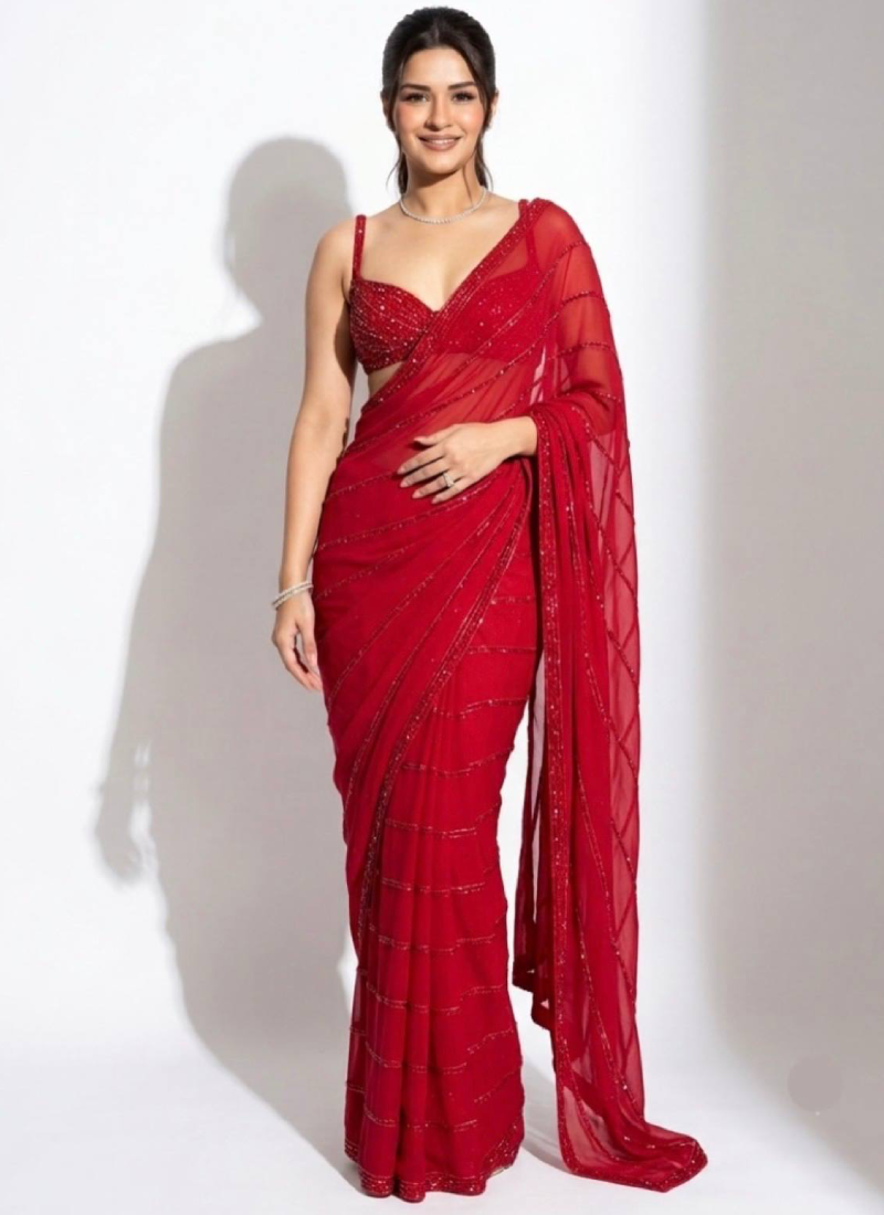 Faux Georgette Red Sequence With Dori Work Party Wear Saree