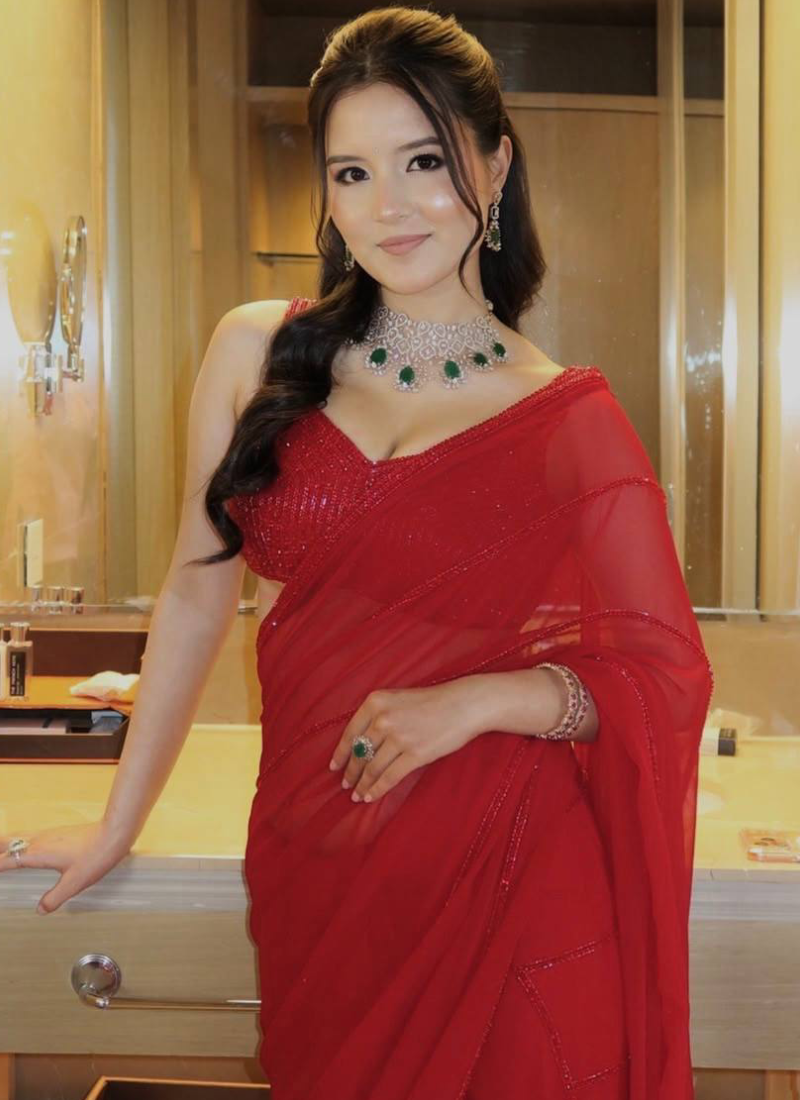 Faux Georgette Red Sequence With Dori Work Party Wear Saree