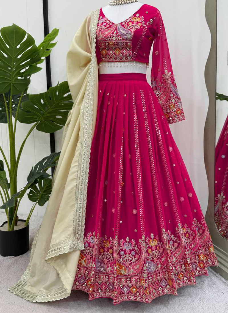 Faux Georgette Thread Embroidered Traditional Wear Red Lehenga Choli