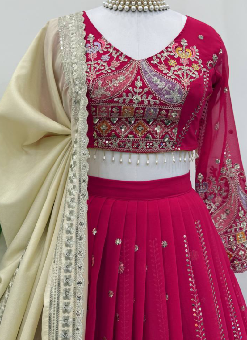 Faux Georgette Thread Embroidered Traditional Wear Red Lehenga Choli