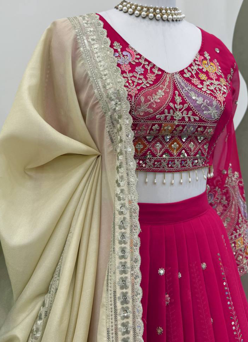 Faux Georgette Thread Embroidered Traditional Wear Red Lehenga Choli