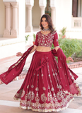Favorable Embroidered Vichitra Silk Maroon Sangeet Wear Lehenga Choli