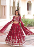 Favorable Embroidered Vichitra Silk Maroon Sangeet Wear Lehenga Choli