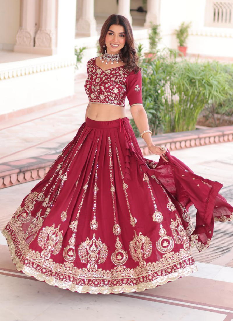 Favorable Embroidered Vichitra Silk Maroon Sangeet Wear Lehenga Choli