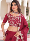 Favorable Embroidered Vichitra Silk Maroon Sangeet Wear Lehenga Choli