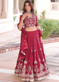 Favorable Embroidered Vichitra Silk Maroon Sangeet Wear Lehenga Choli
