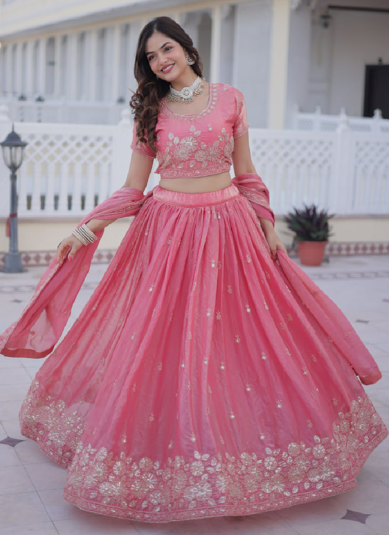 Fendi Silk Sequins Embroidered Light Pink Lehenga Choli With Dupatta