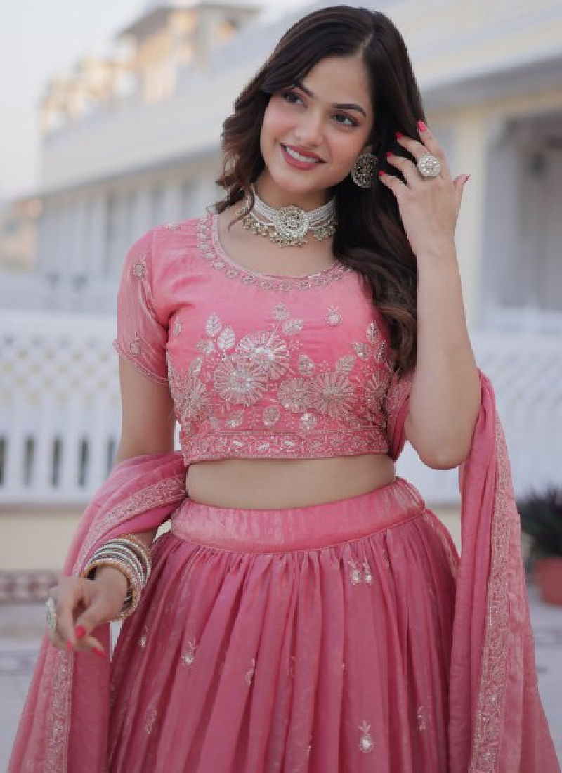 Fendi Silk Sequins Embroidered Light Pink Lehenga Choli With Dupatta