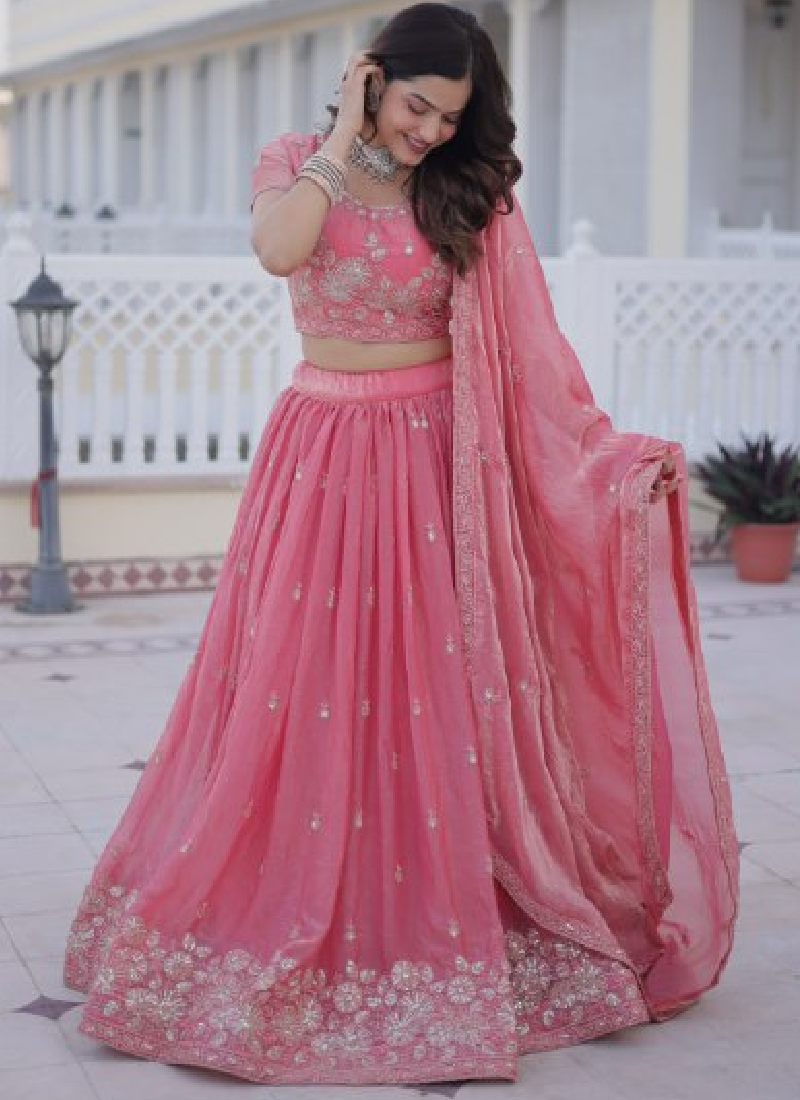 Fendi Silk Sequins Embroidered Light Pink Lehenga Choli With Dupatta