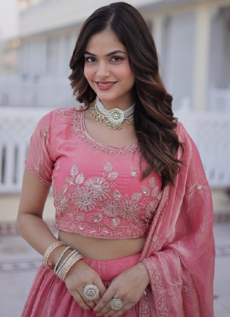 Fendi Silk Sequins Embroidered Light Pink Lehenga Choli With Dupatta