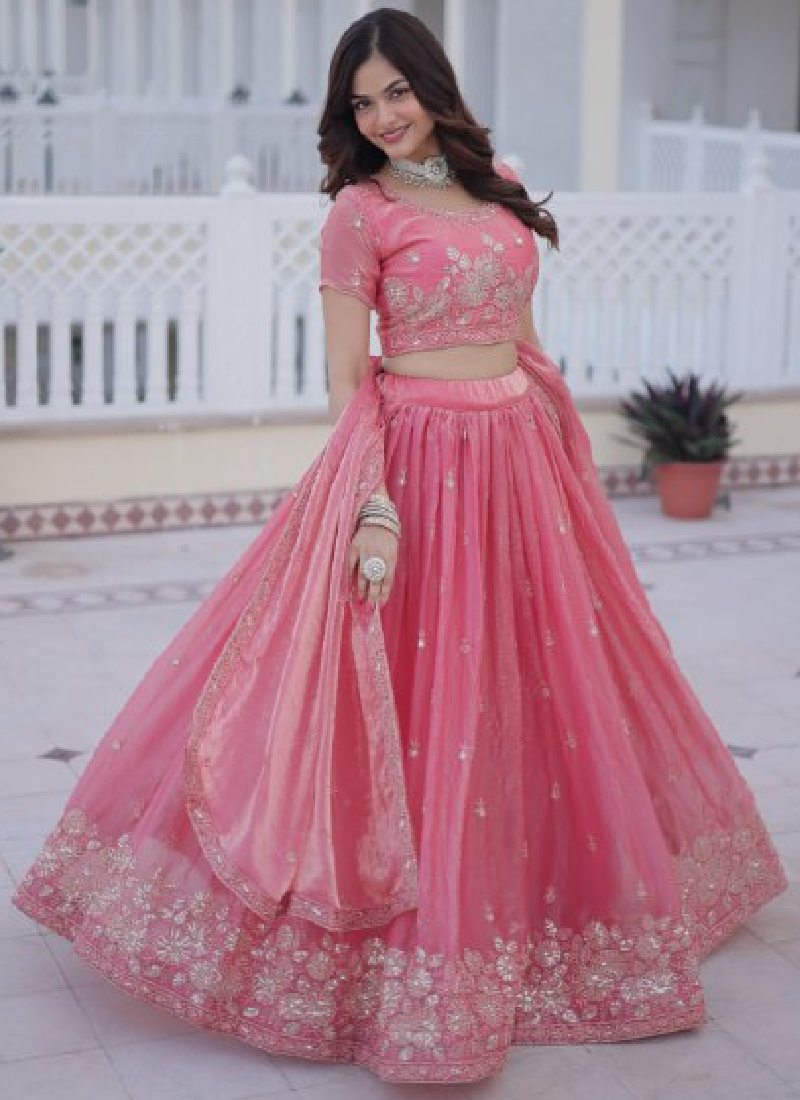 Fendi Silk Sequins Embroidered Light Pink Lehenga Choli With Dupatta