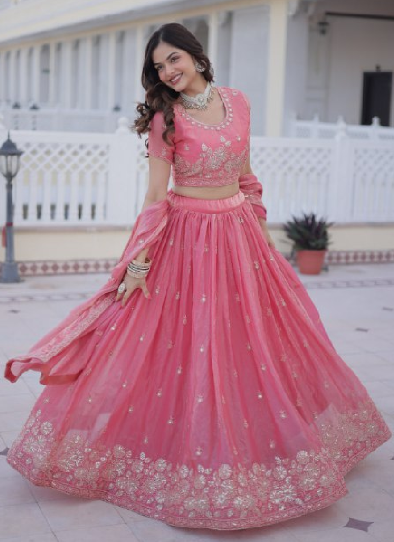 Fendi Silk Sequins Embroidered Light Pink Lehenga Choli With Dupatta