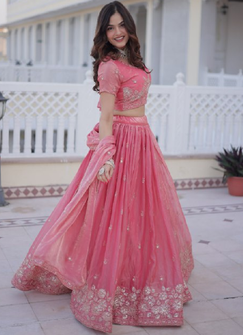 Fendi Silk Sequins Embroidered Light Pink Lehenga Choli With Dupatta