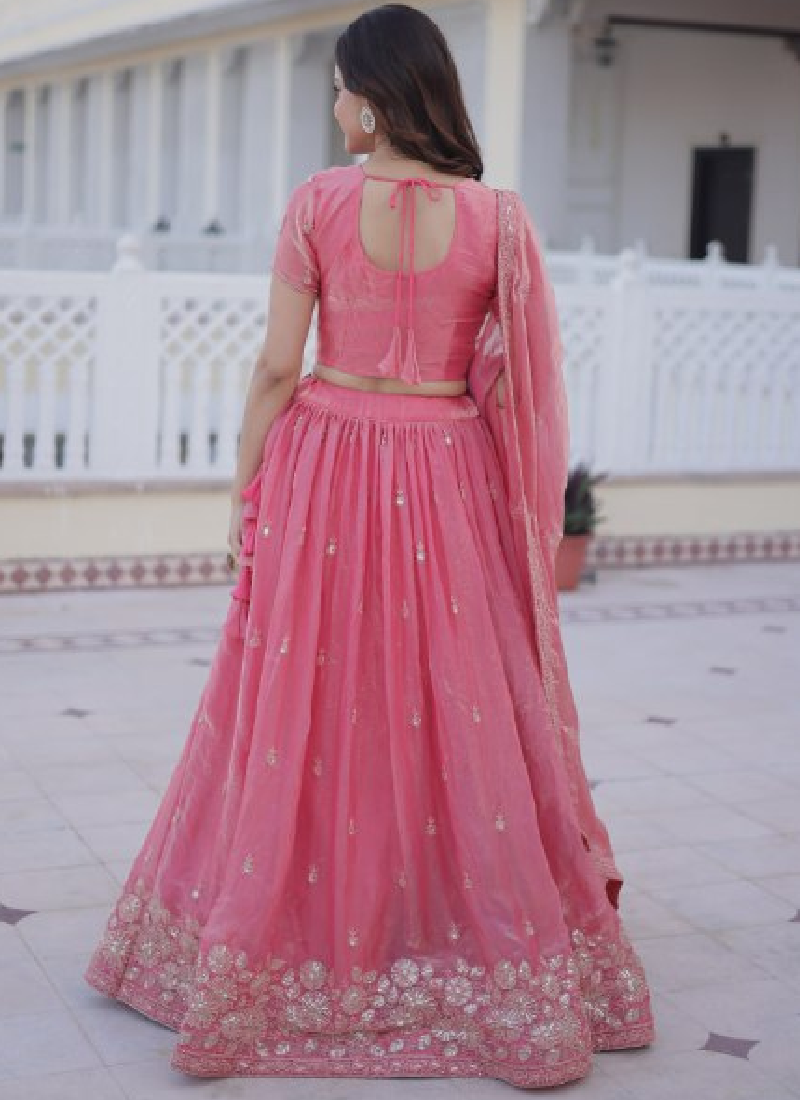 Fendi Silk Sequins Embroidered Light Pink Lehenga Choli With Dupatta