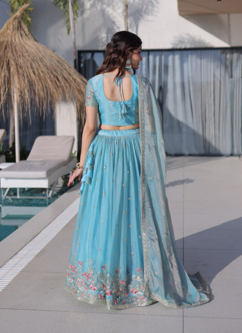 Fendi Silk Sky Blue Thread Embroidered Heavy Lehenga Choli Set