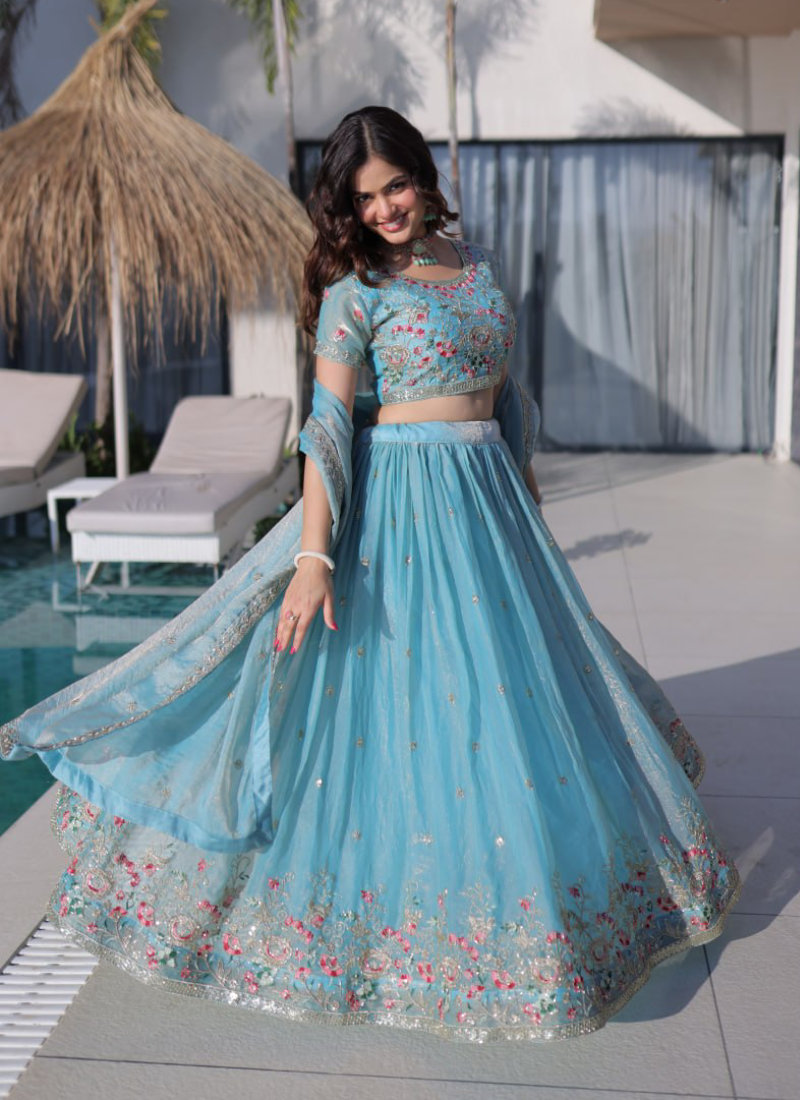 Fendi Silk Sky Blue Thread Embroidered Heavy Lehenga Choli Set