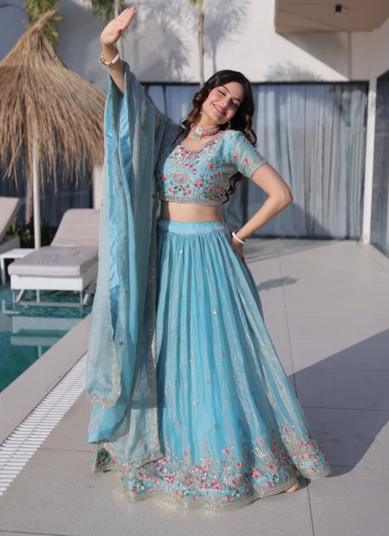 Fendi Silk Sky Blue Thread Embroidered Heavy Lehenga Choli Set