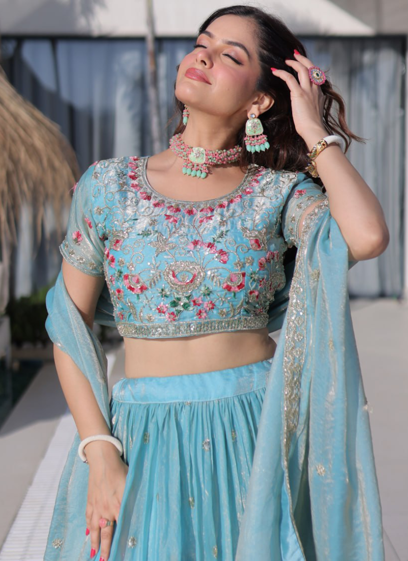 Fendi Silk Sky Blue Thread Embroidered Heavy Lehenga Choli Set